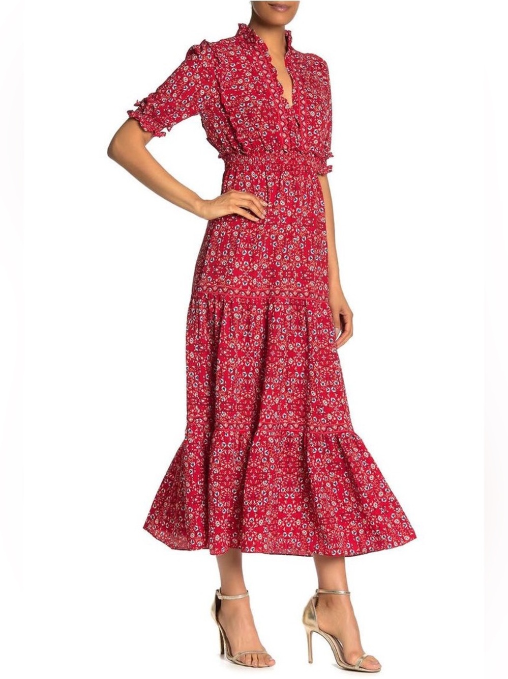 Max Studio Ruffle Collar Print Tiered Maxi Dress